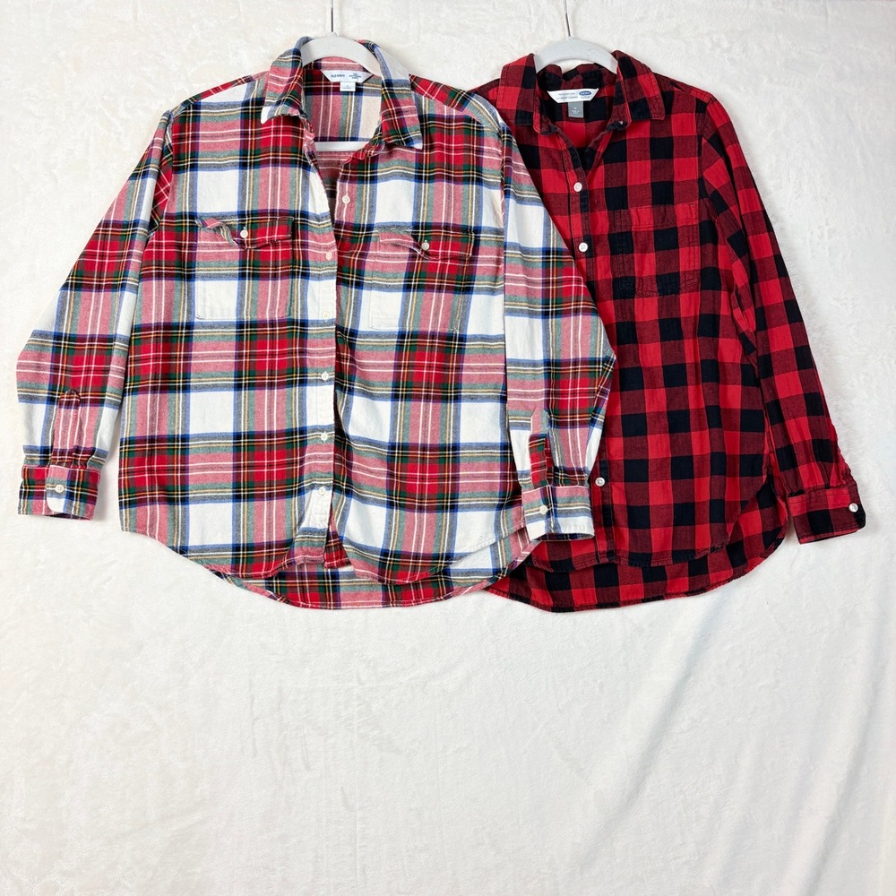 Old Navy Flannel Bundle Women Sz Med Boyfriend Shirt Plaid Red Black 100% Cotton